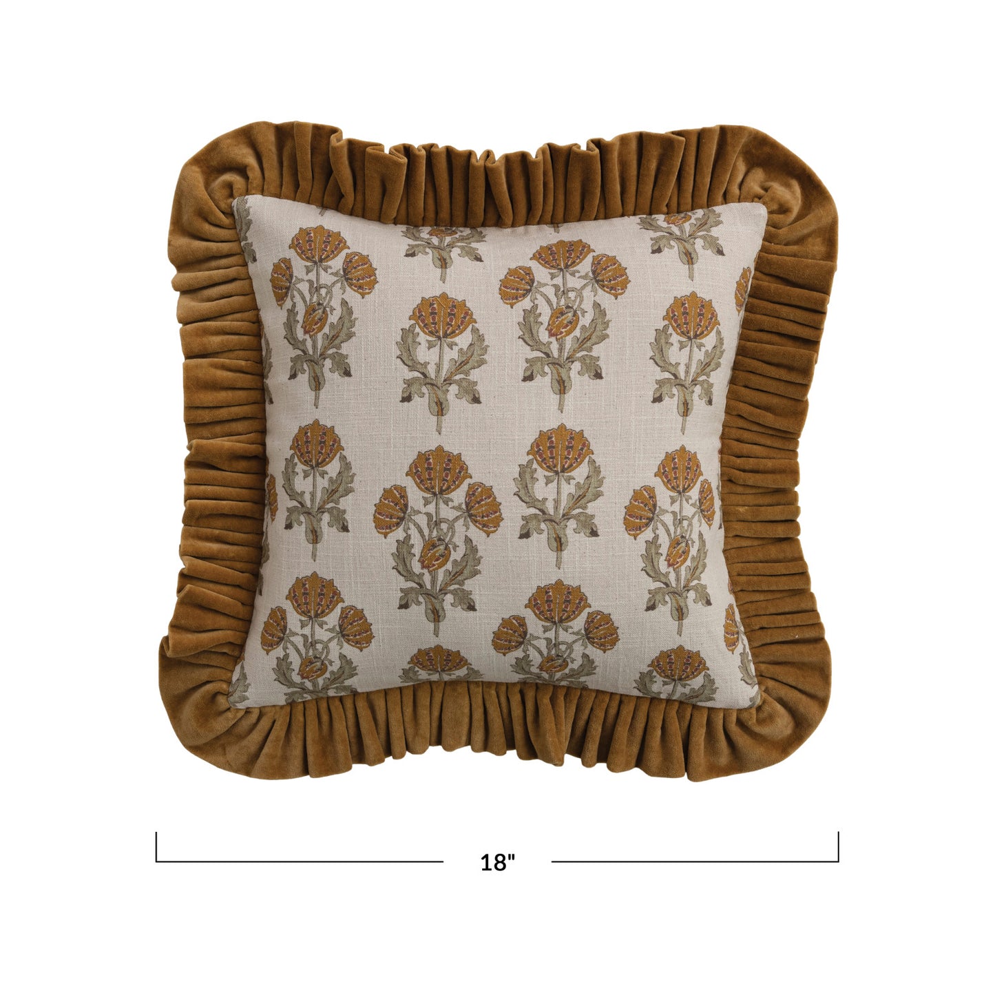 Square Cotton Slub Printed Pillow with Velvet Ruffle