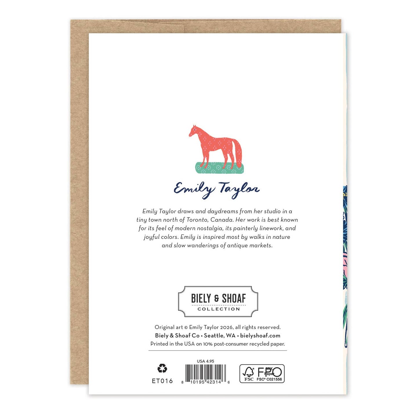 Back of a greeting card with horse illustration and text about Emily Taylor and Biely & Shoaf Co.