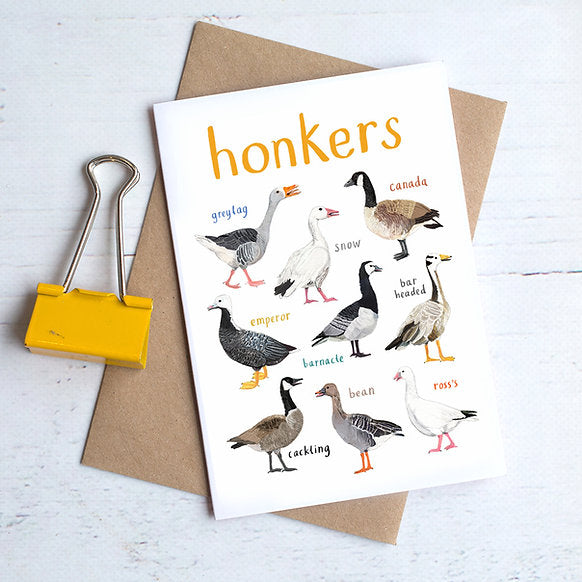 Card with goose illustrations and text 'honkers' on a white background