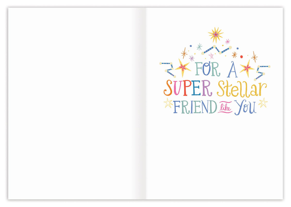 Colorful card with text 'For a super stellar friend like you' on a white background