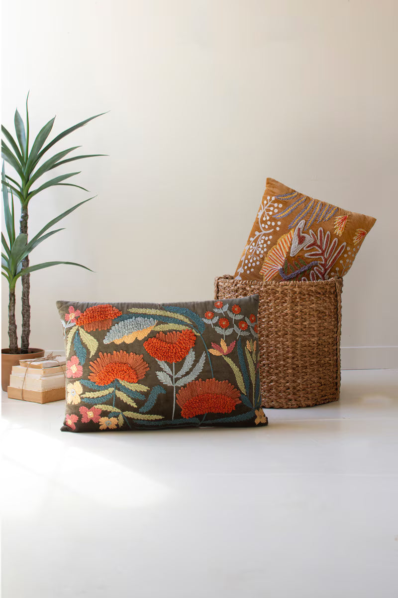 Embroidered Pillow w/ Flowers, 2 Styles