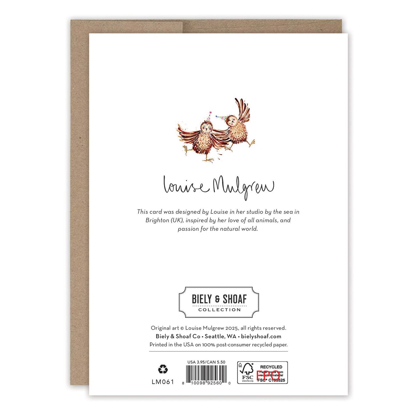 Back of a greeting card with owl illustration and branding information.