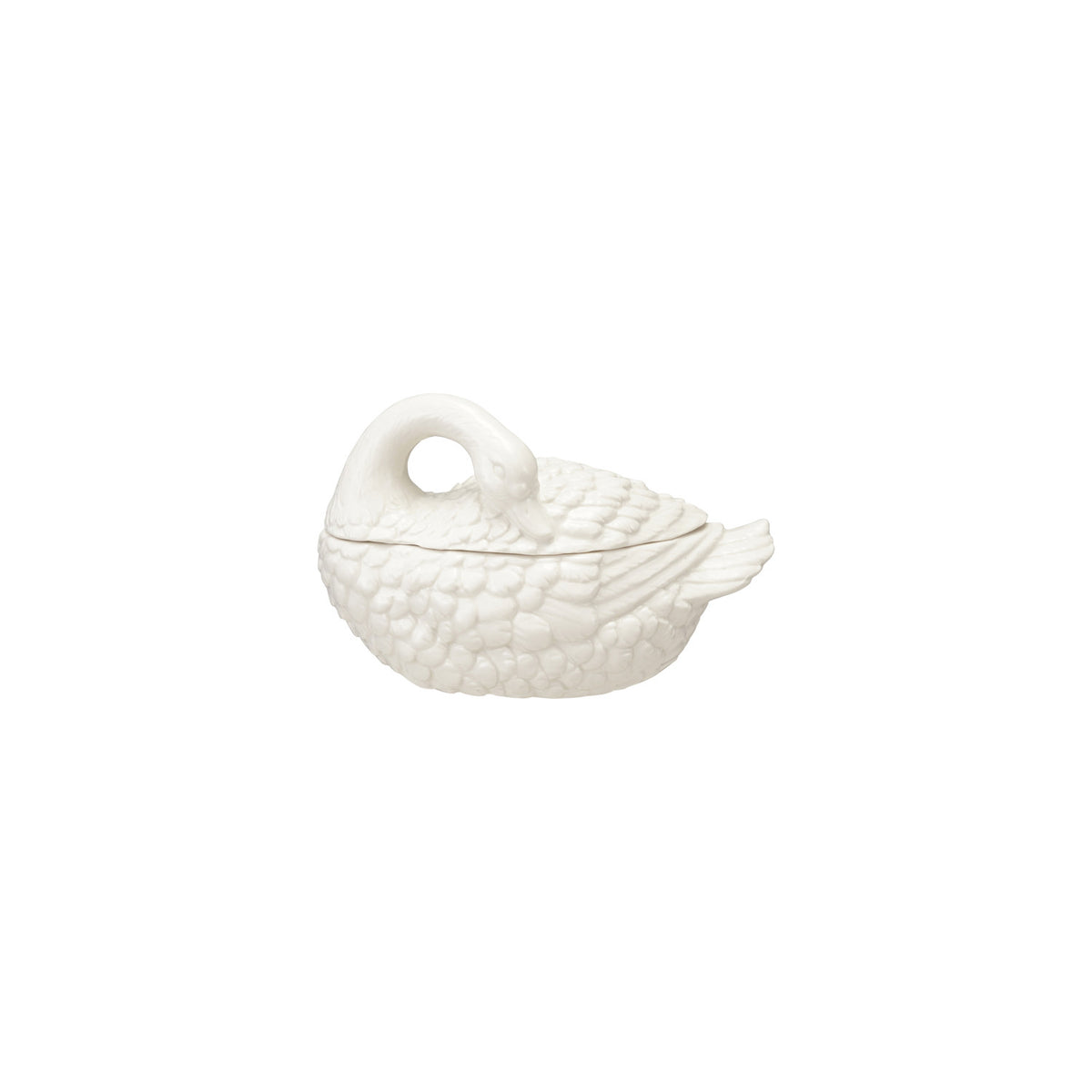 White ceramic swan-shaped container on a white background