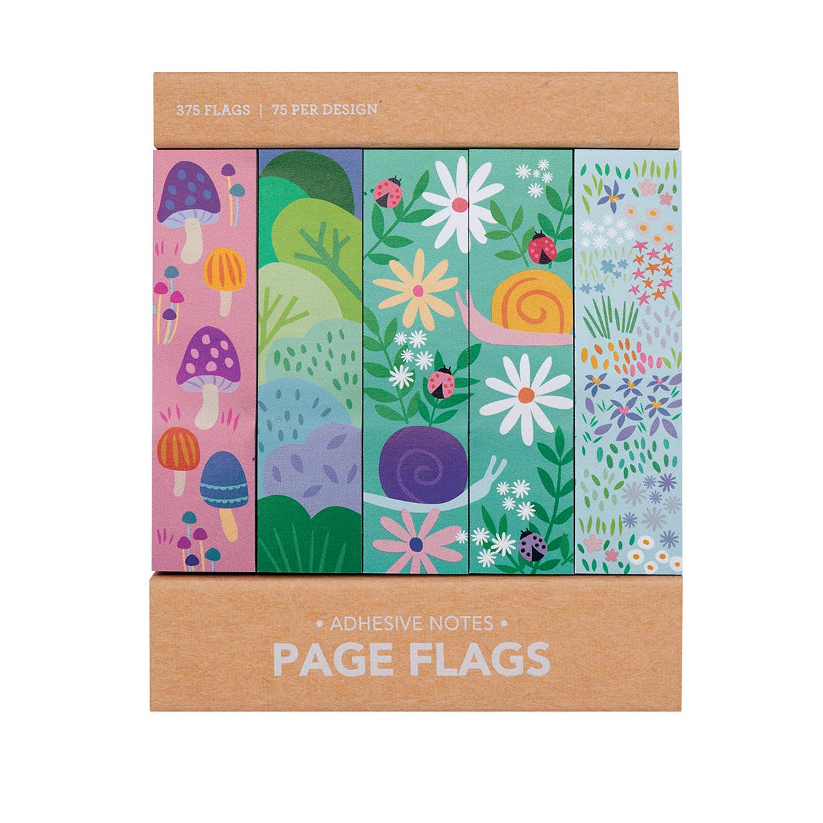 Pack of adhesive notes with colorful designs on a cardboard box