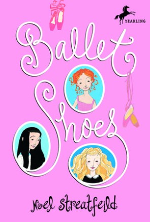 Book cover of 'Ballet Shoes' by Noel Streatfeild with illustrations of three girls and pink background.