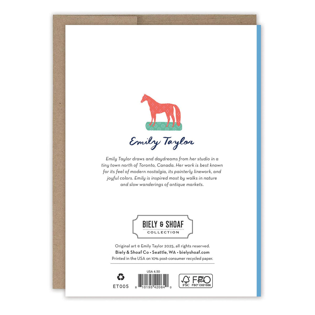 Back of a greeting card with horse illustration and text