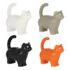 Four cat-shaped watering cans in black, gray, and orange on a white background