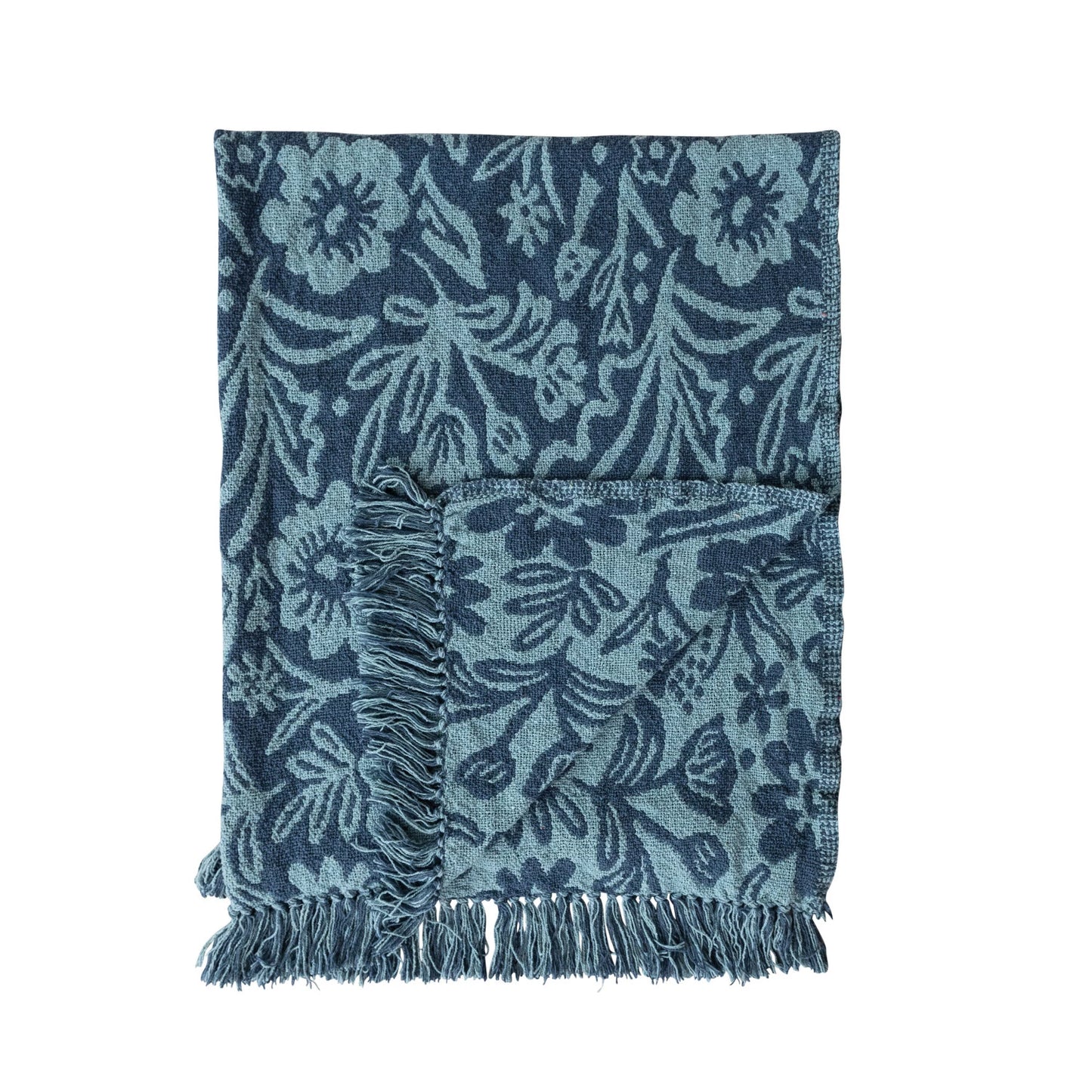 Woven Recycled Cotton Blend Jacquard Throw with Floral Pattern & Fringe