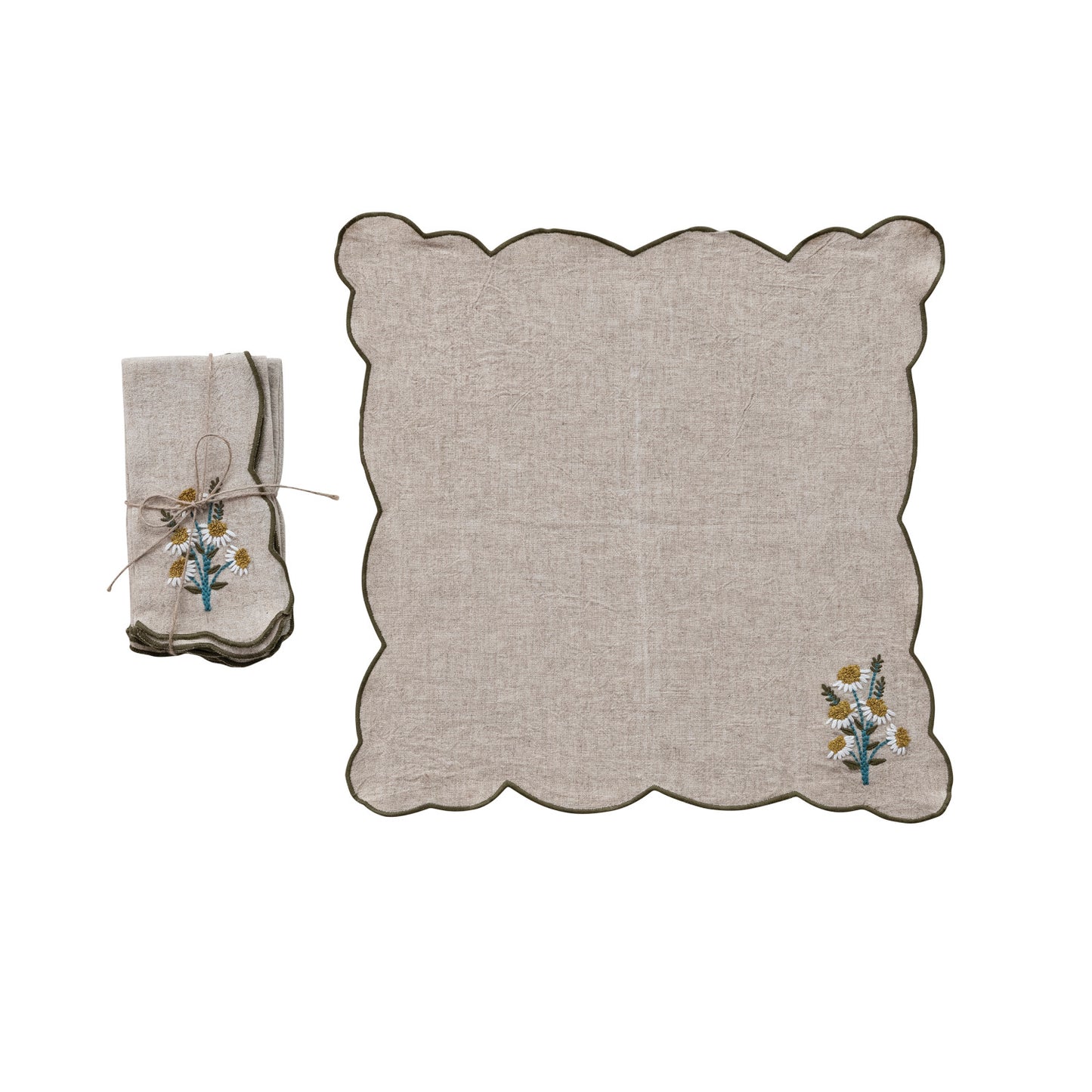 Scalloped Napkins with Contrasting Stitched Edges, Set of 4 Tied with Jute