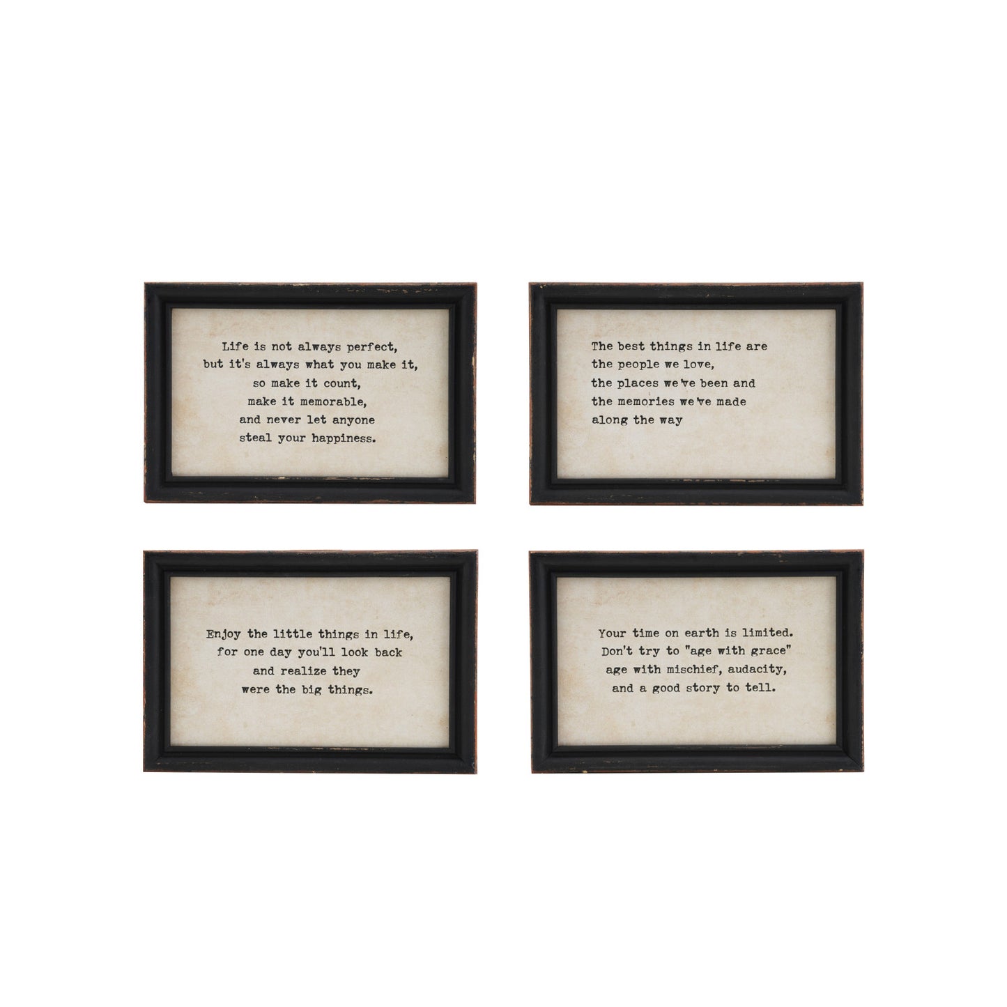 Gathered Words Wood Framed Wall Art Set featuring four black and white inspirational signs with rustic wood frames for farmhouse, cottage, and modern home décor.
