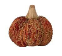 A decorative pumpkin with a textured, ribbed surface in shades of orange, red, and brown, featuring a light tan stem, isolated on a white background.