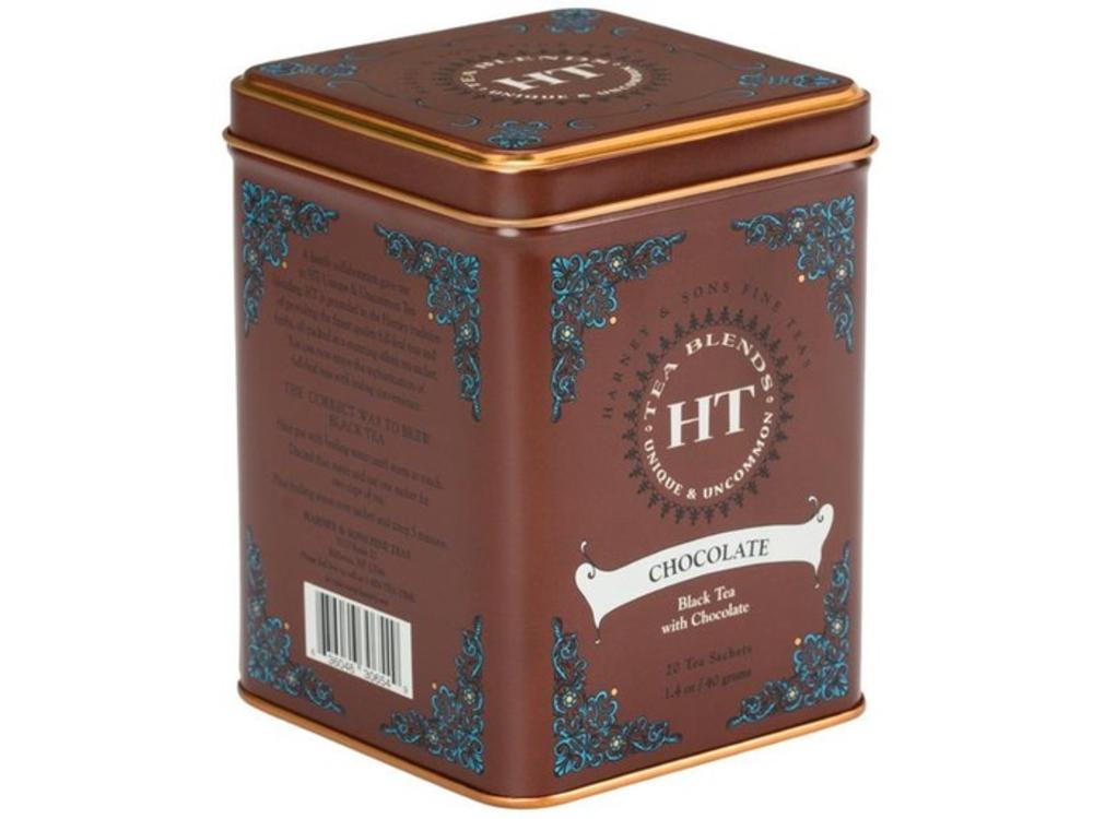 Harney & Sons Chocolate Tea in a 20-count sachet tin, a high caffeine China black tea blend with the rich aroma and flavor of chocolate.