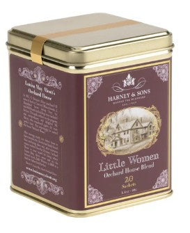 Harney & Sons Little Women Orchard House Blend in a 20-count sachet tin, a light caffeine green tea with apple, honey, and cornflowers inspired by Louisa May Alcott’s Orchard House.