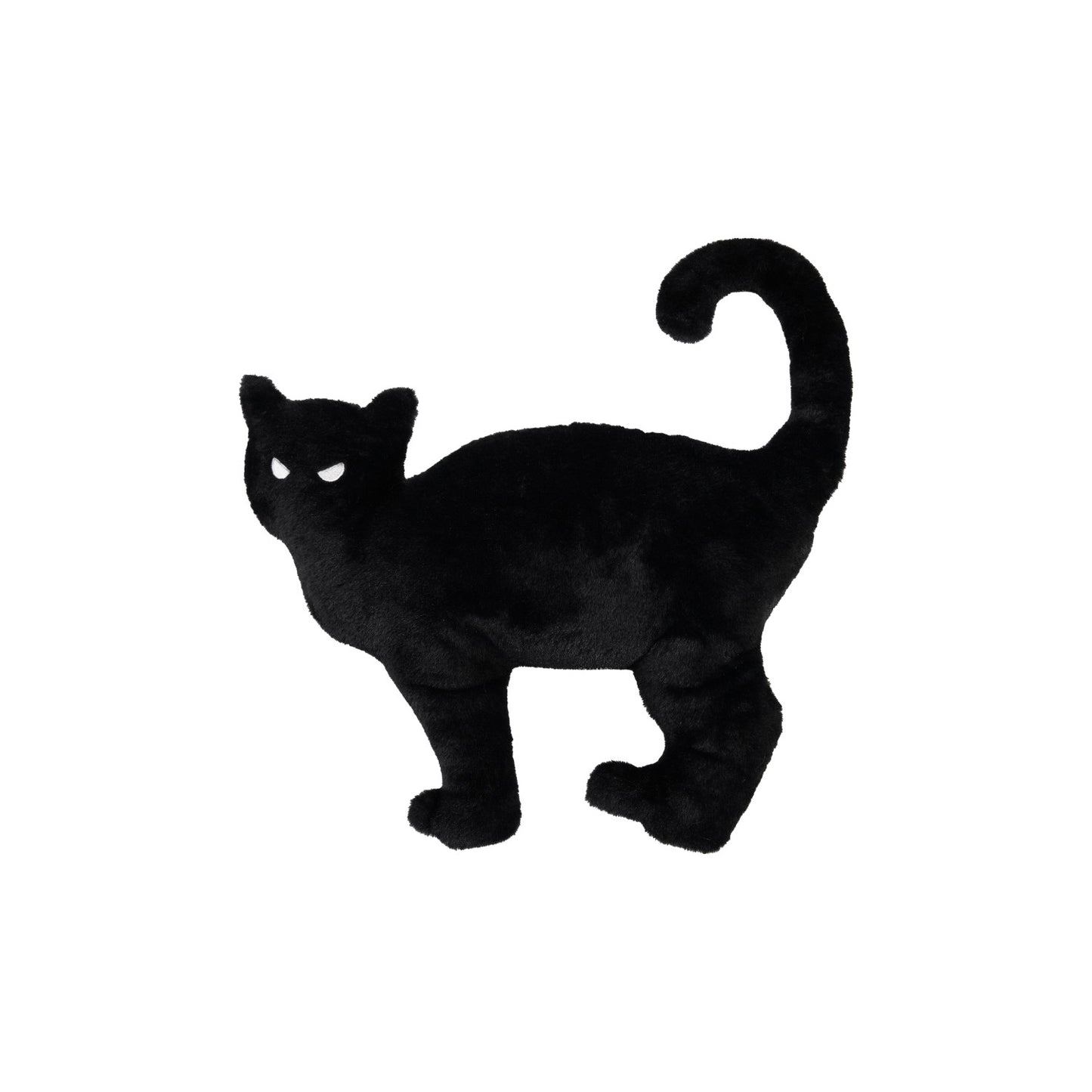 Black velvet cat accent pillow with a sculpted silhouette and embroidered white eyes, perfect for cottage, dark academia, Halloween, and cat lover home décor.