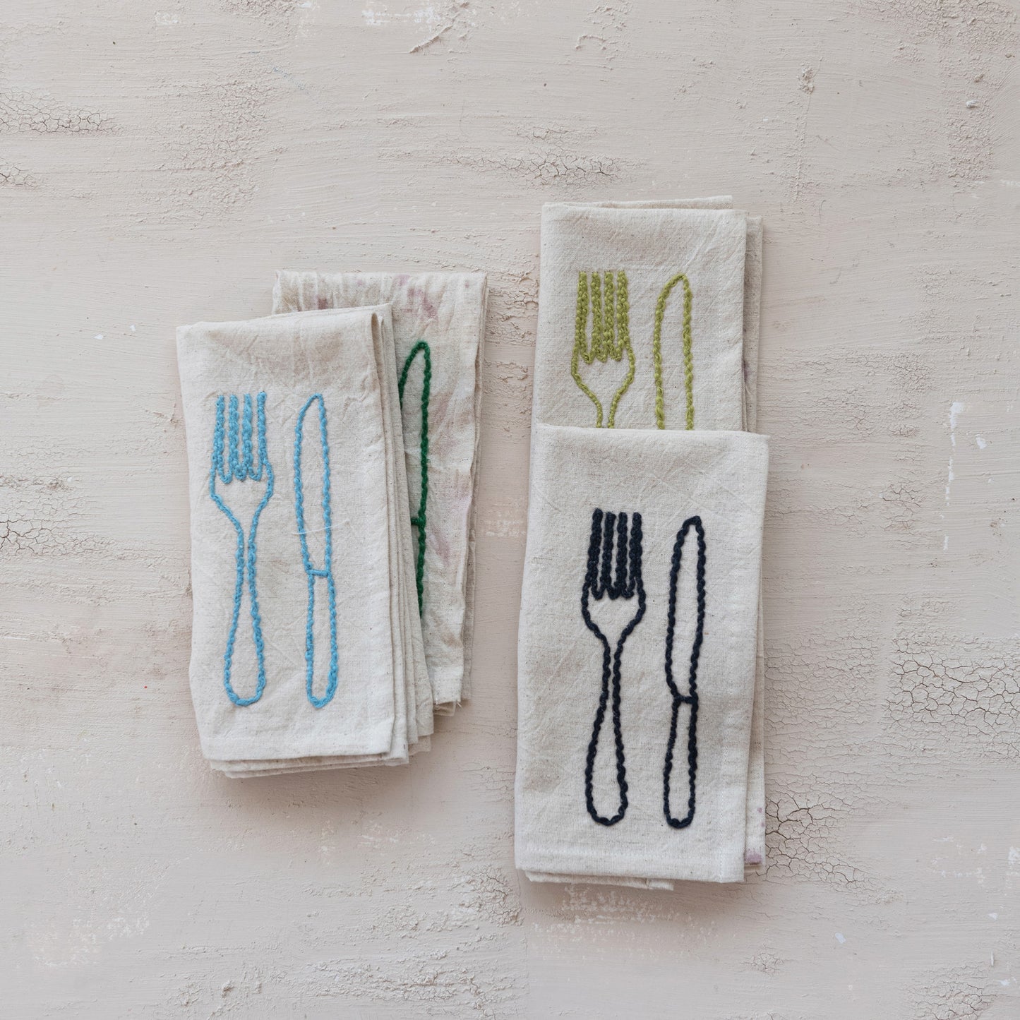 Embroidered Cotton & Linen Napkins, Set of 4 Tied with Cotton Tape
