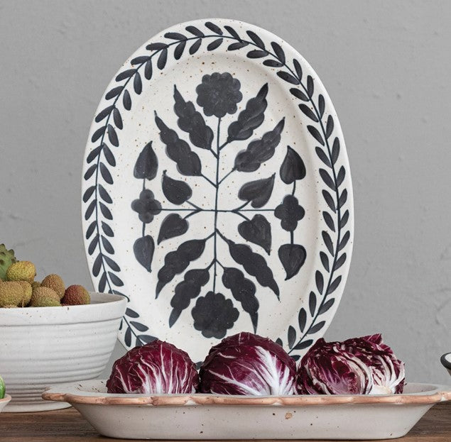 Stoneware Oval Platter w/ Floral Design