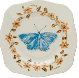 Stoneware Scalloped Plate w/ Insect/Bird & Flowers
