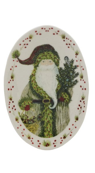 Stoneware Christmas plate featuring Santa with a winter branch motif and red berry border.