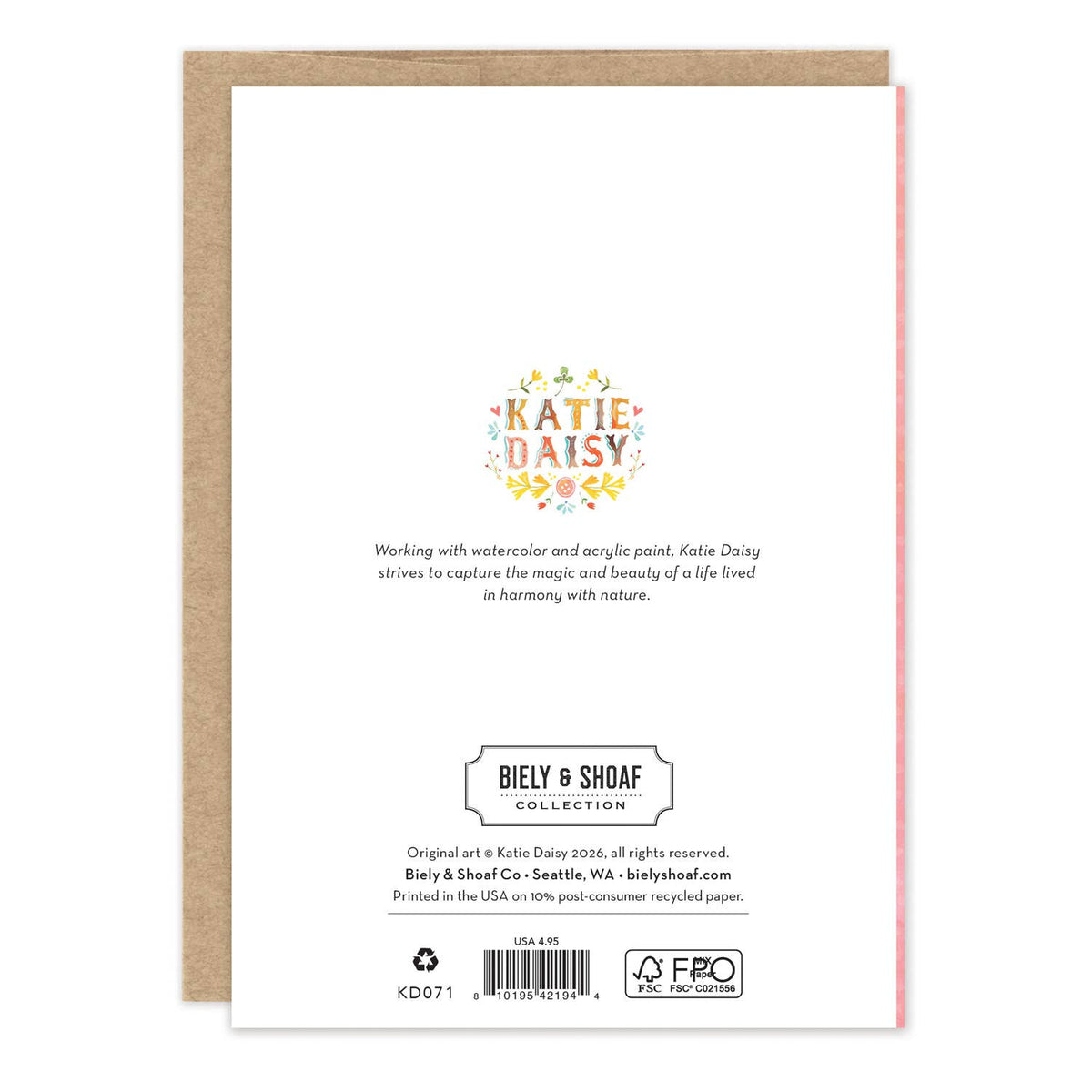 Back of a greeting card with 'Katie Daisy' branding and product details.