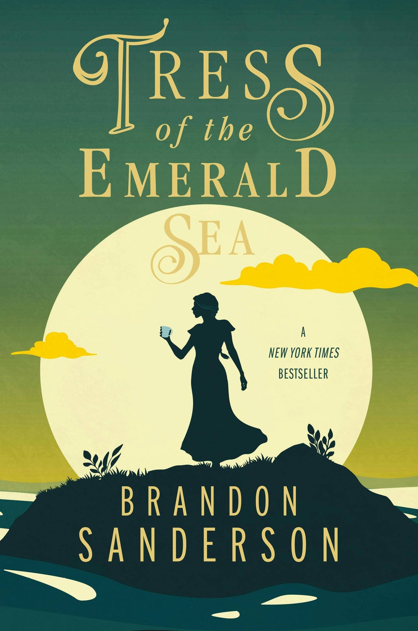 Book cover of 'Tress of the Emerald Sea' by Brandon Sanderson with a silhouette of a woman on an island.