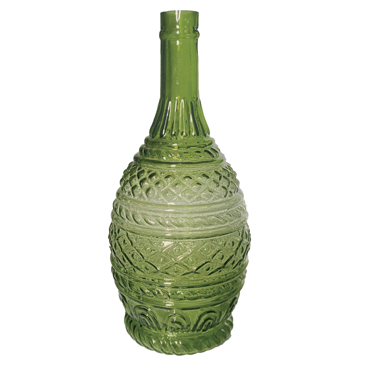 Decorative green bottle with textured design on a white background