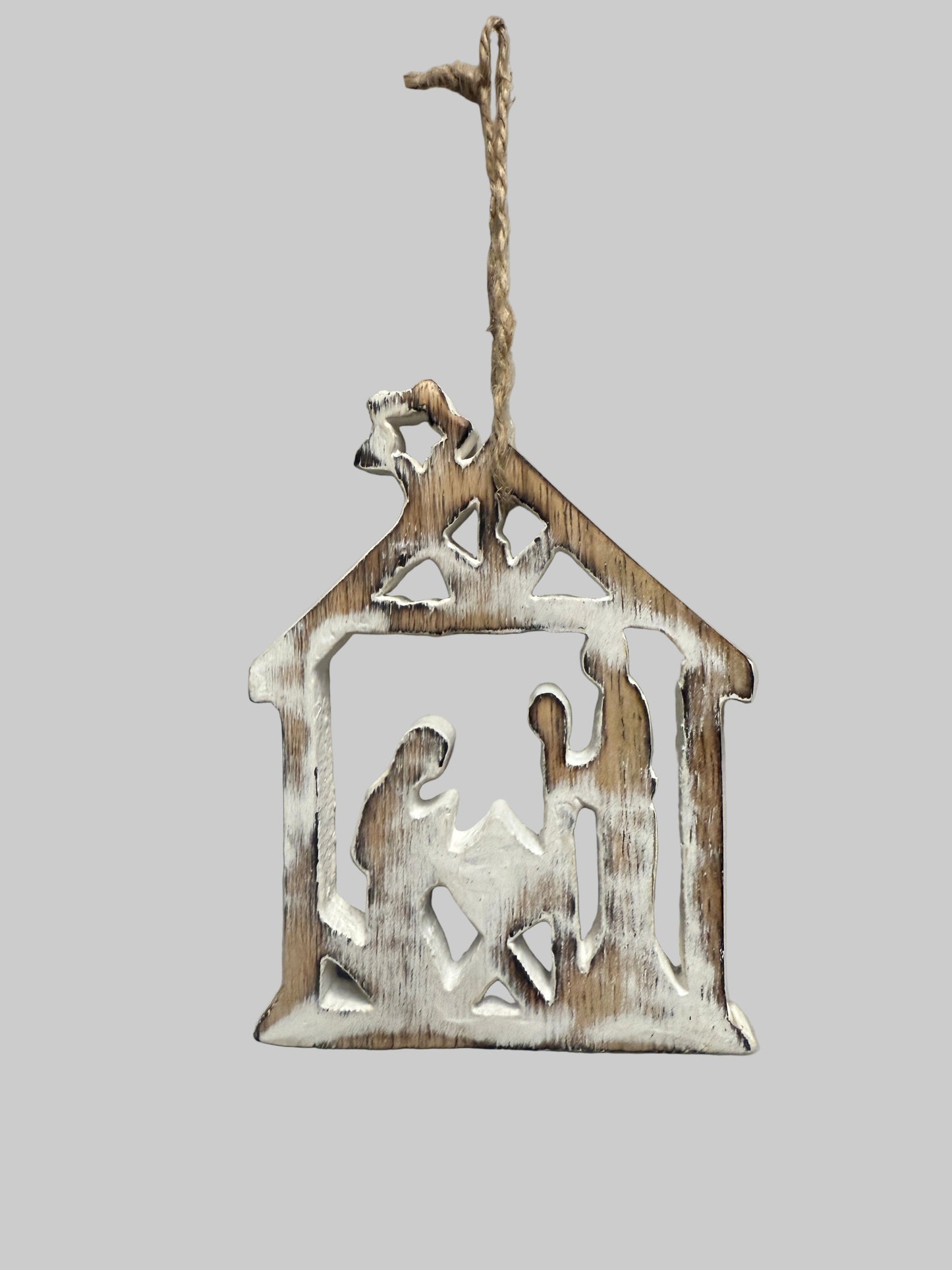Wooden Nativity Ornament (White Washed) 3"x4"