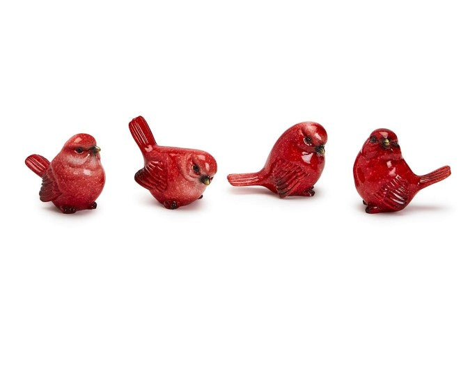 Winter's Messenger Cardinal Figurines featuring miniature red cardinal birds in assorted poses, perfect for holiday decorating and nature-inspired home décor.