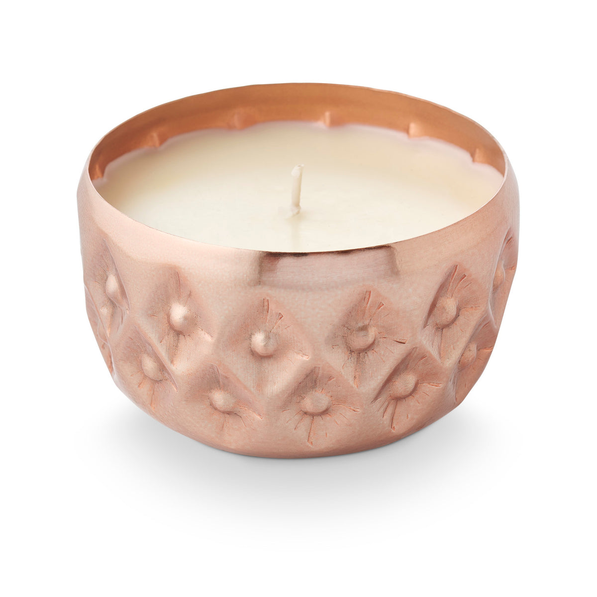 Woodfire plant-based wax candle in a decorative pressed-metal vessel by Illume.