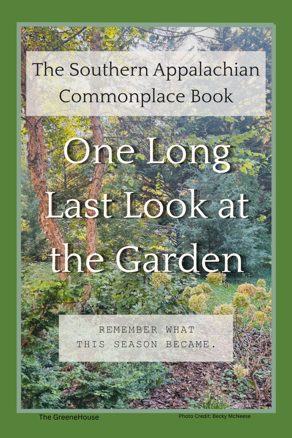 Pinterest graphic for “One Long Last Look at the Garden” featuring a sunlit late-September garden with fading hydrangeas and layered greenery.