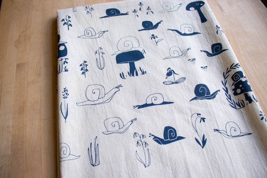 Snail Tea Towel, Handprinted Nature Inspired Kitchen Towel
