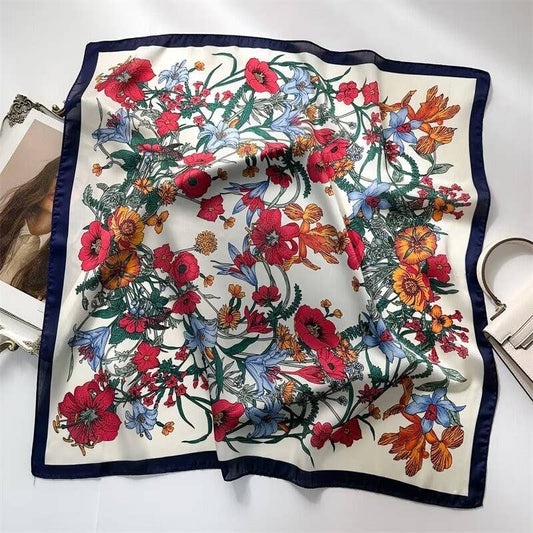 Blue and Red Floral Silk Finish Scarf
