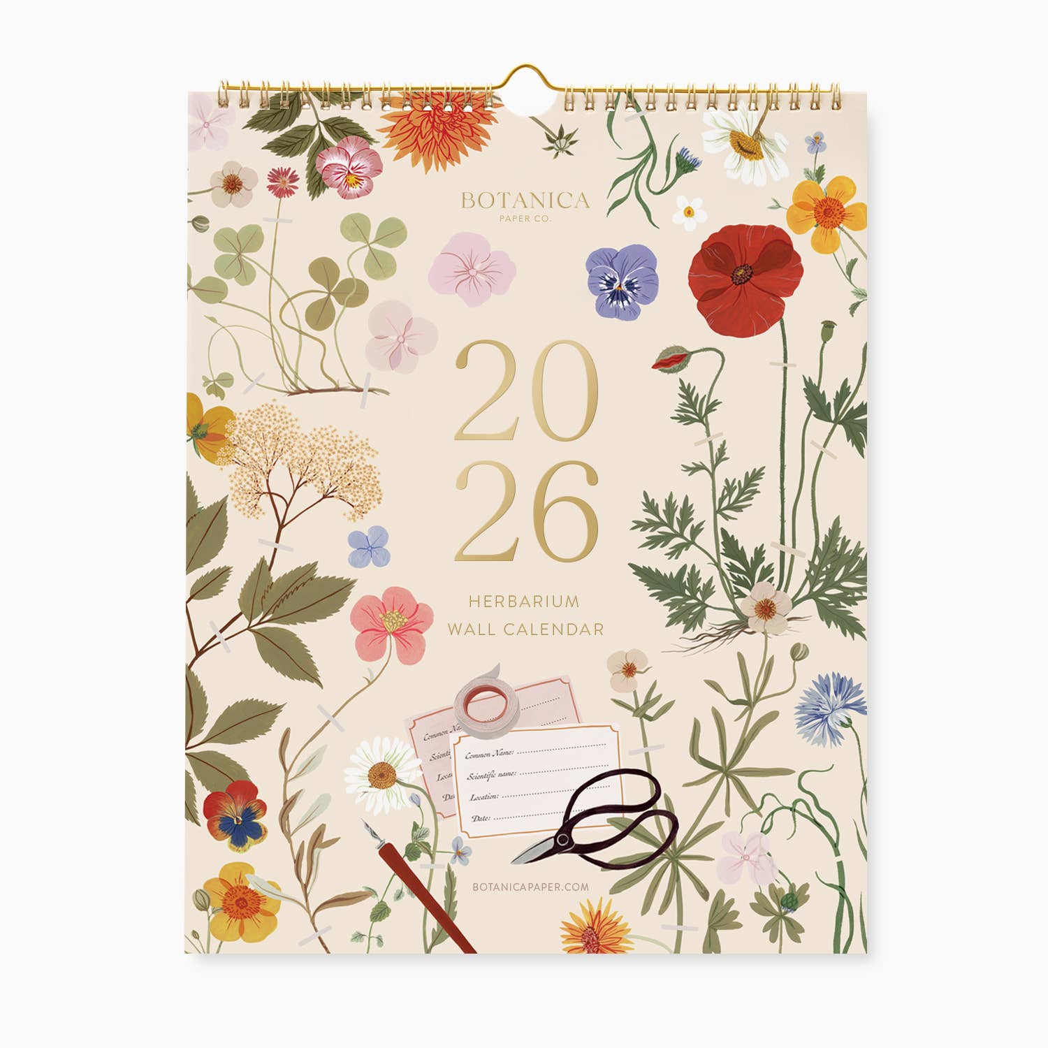 2026 Herbarium Wall Calendar featuring hand-painted pressed floral illustrations with gold foil details on the cover.
