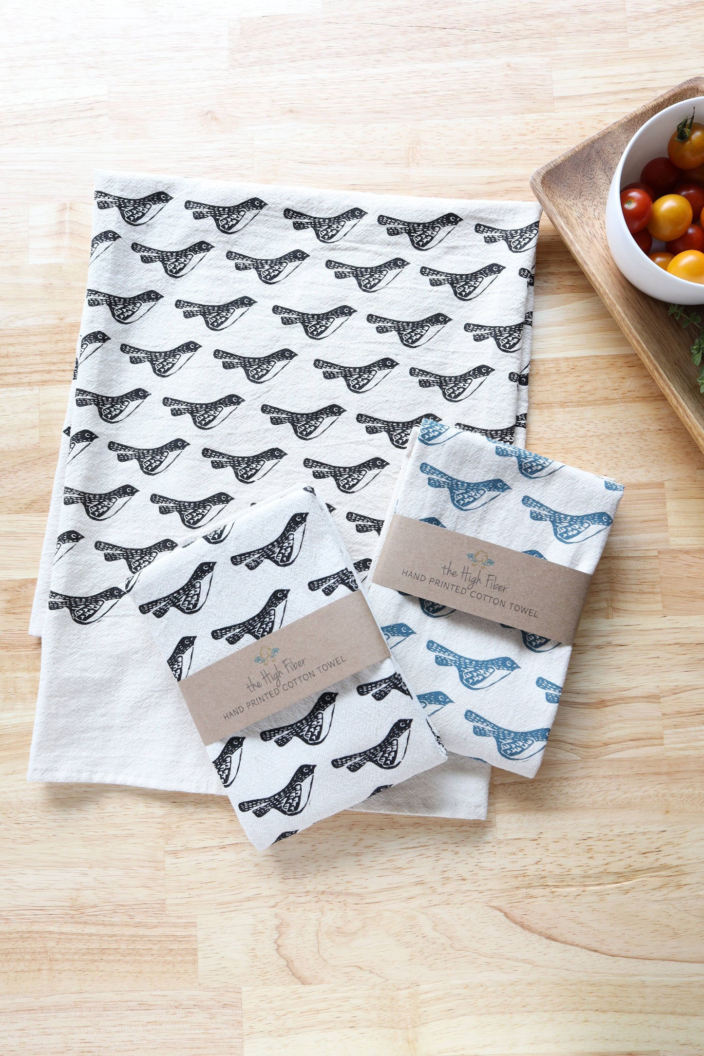 Bird Kitchen Towel, Handprinted Bird Tea Towel