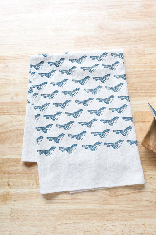 Bird Kitchen Towel, Handprinted Bird Tea Towel