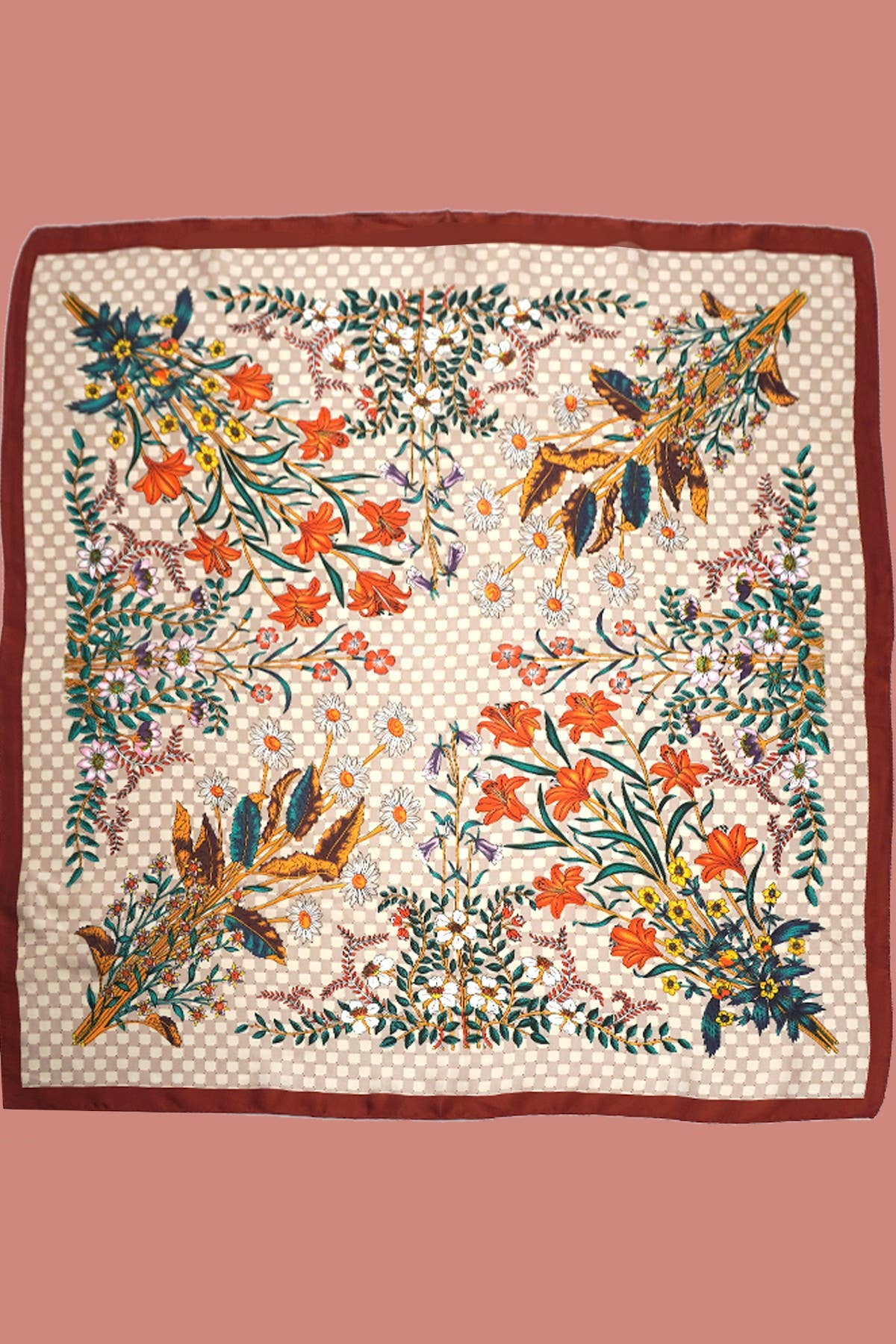 Red Checkered Floral Silk Finish Scarf