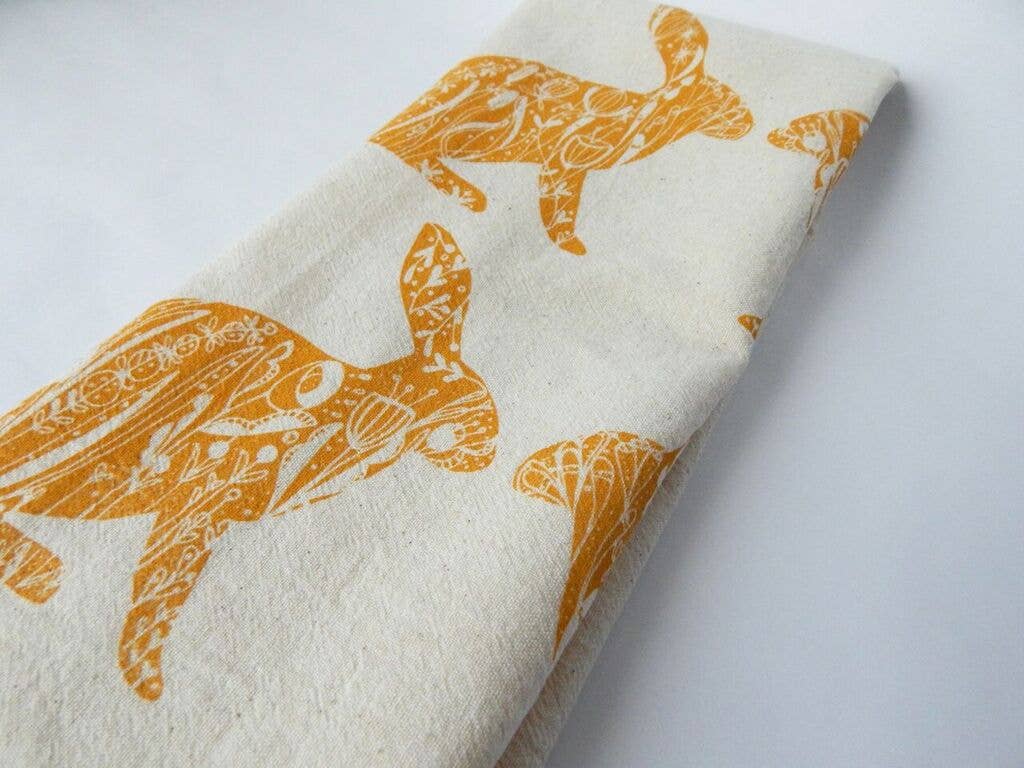 Floral Gold Rabbit Kitchen Towel, Rabbit Tea Towel