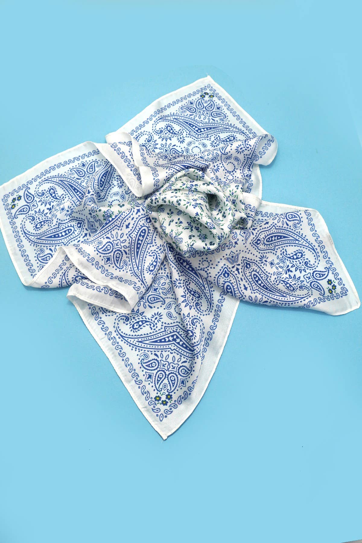 Blue Floral Bandana Silk Finish Scarf