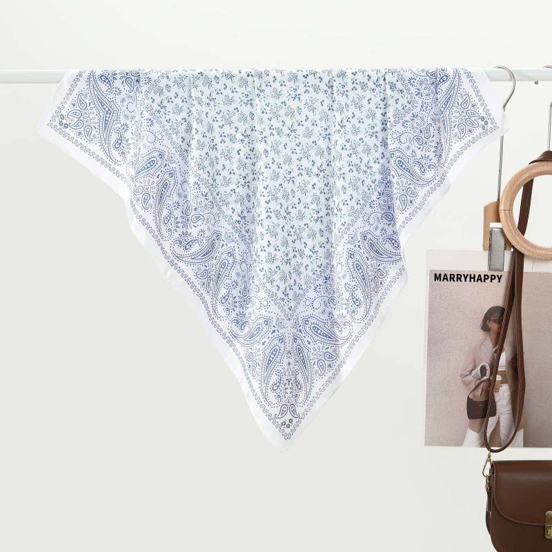Blue Floral Bandana Silk Finish Scarf