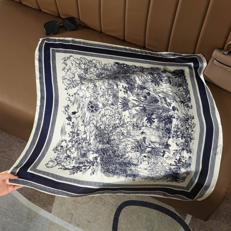 Navy Toile Silk Finish Scarf