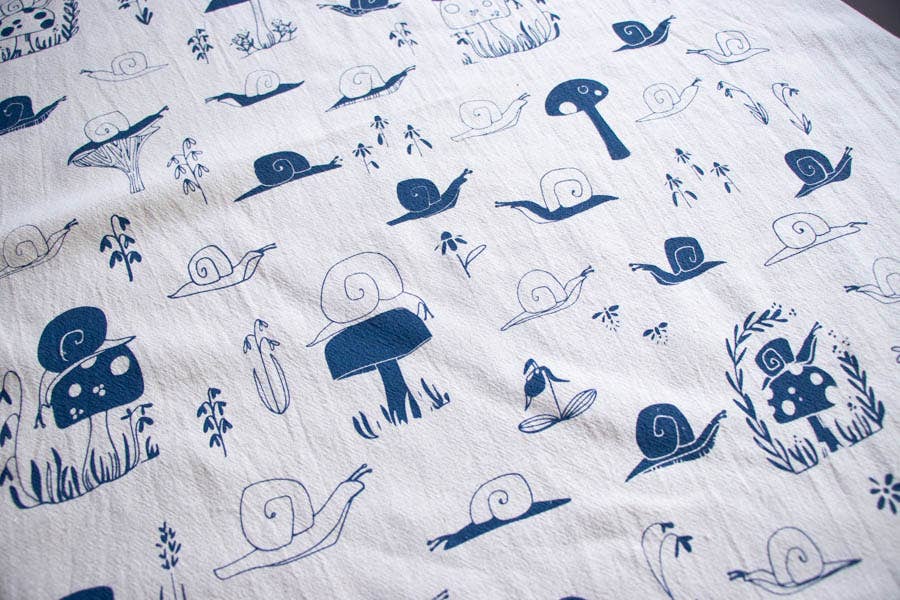 Snail Tea Towel, Handprinted Nature Inspired Kitchen Towel