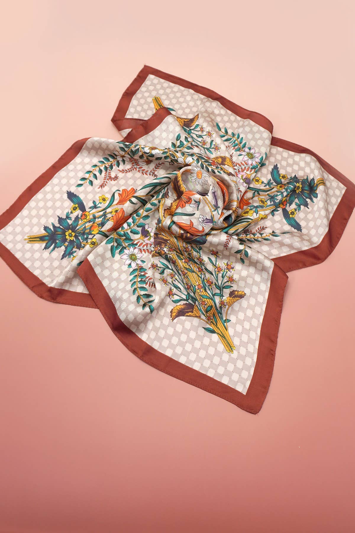 Red Checkered Floral Silk Finish Scarf