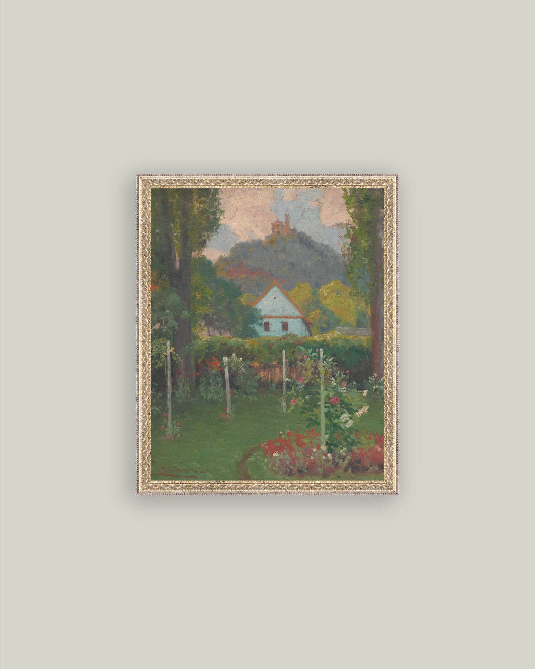 Cottage under the Castle Framed Antique Art