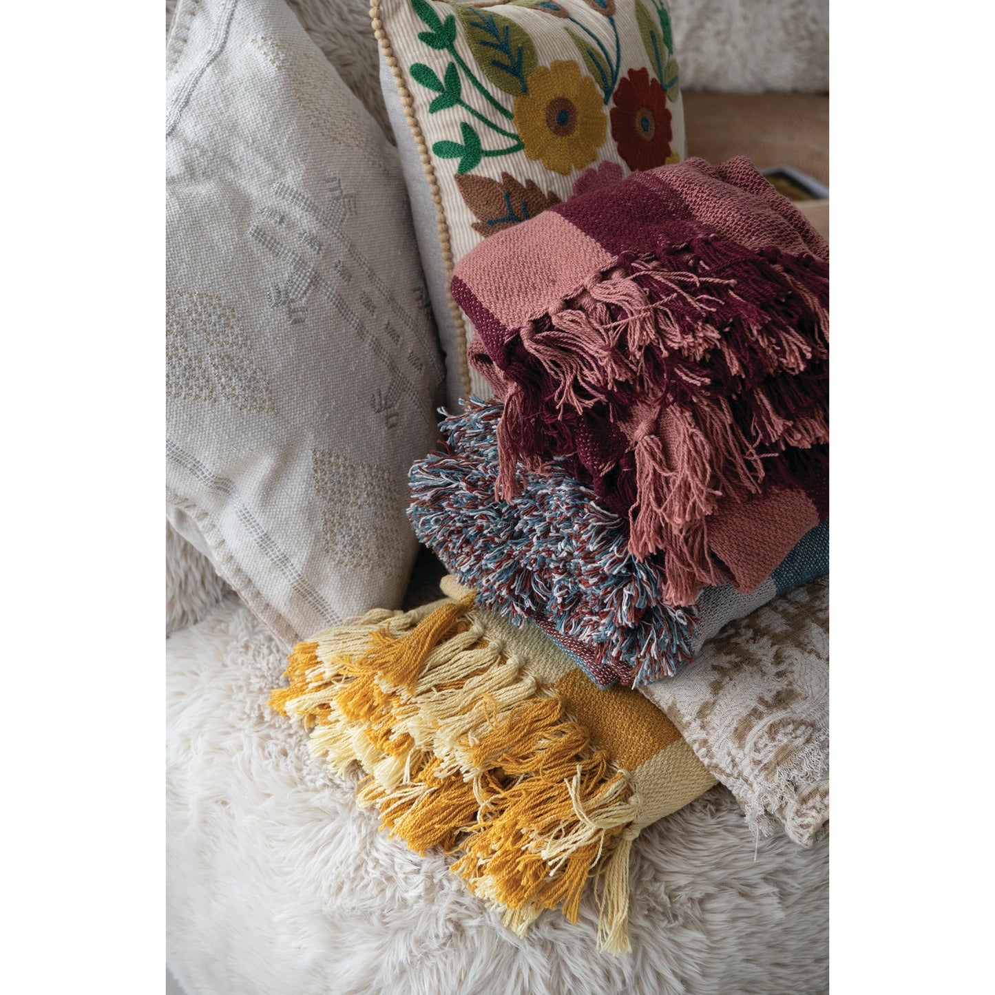 Woven Recycled Cotton Blend Jacquard Throw with Eyelash Fringe