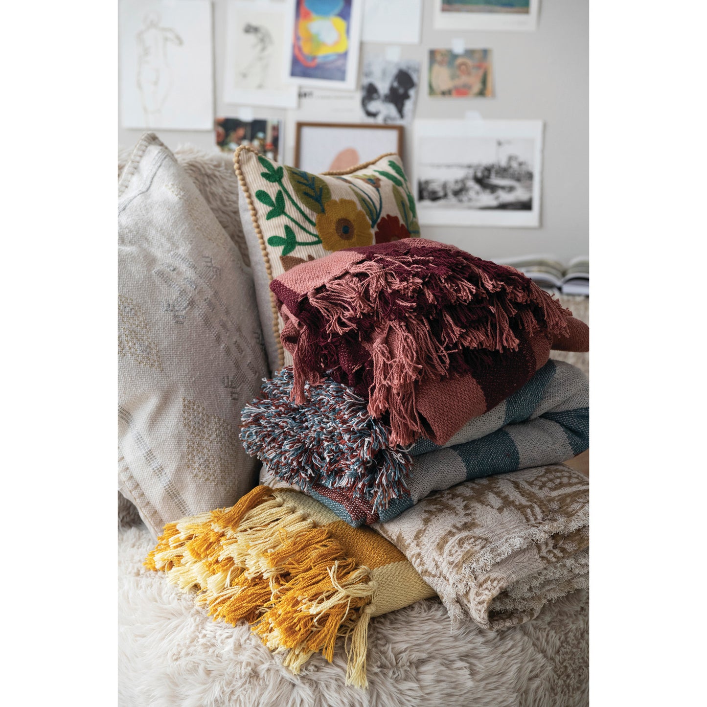 Woven Recycled Cotton Blend Jacquard Throw with Eyelash Fringe