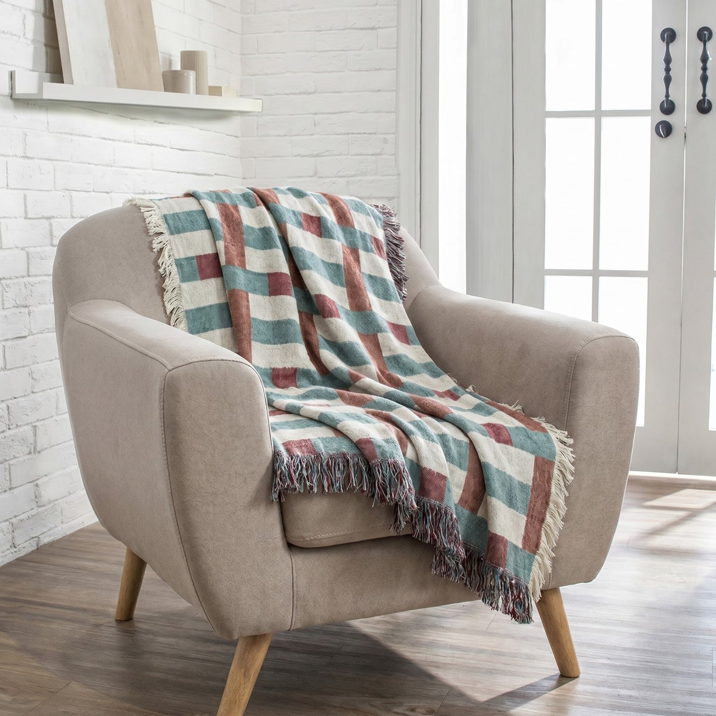 Woven Recycled Cotton Blend Jacquard Throw with Eyelash Fringe