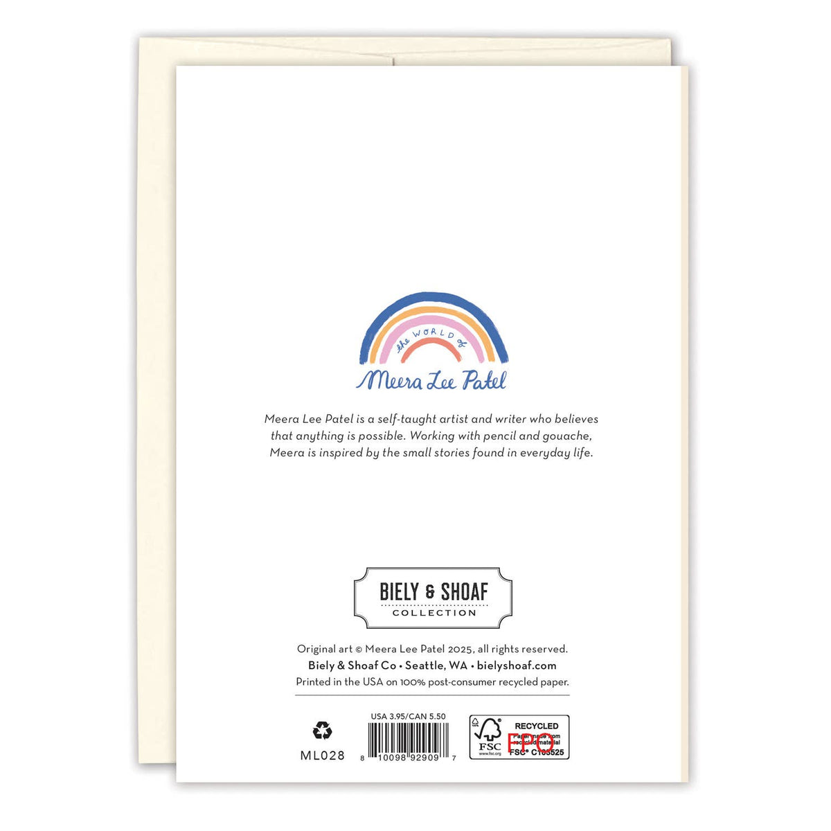 Back of a card with a rainbow design and text about Mira Lee Patel, featuring the Bily & Shoaf Co. branding.