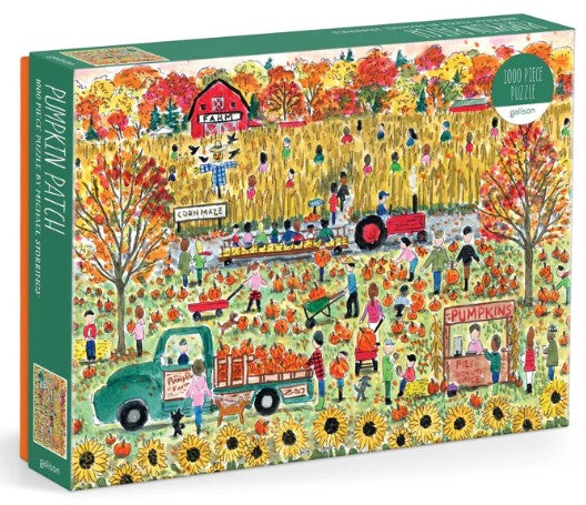 Michael Storrings Pumpkin Patch 1000 Piece Puzzle box featuring whimsical autumn harvest scene with pumpkins, corn maze, barns, and sunflower field.