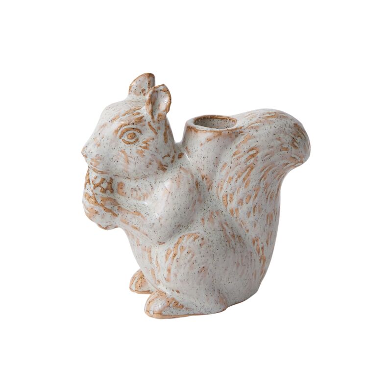 Chippy the Squirrel ceramic taper candle holder in bisque with grey glaze, whimsical woodland décor that can also hold a small air plant.