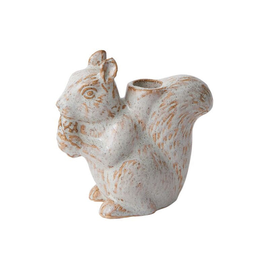 Chippy the Squirrel ceramic taper candle holder in bisque with grey glaze, whimsical woodland décor that can also hold a small air plant.