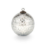 Silver mercury glass ornament-style holiday candle with lid, featuring Balsam & Cedar fragrance of oak moss, fir needle, and cinnamon.